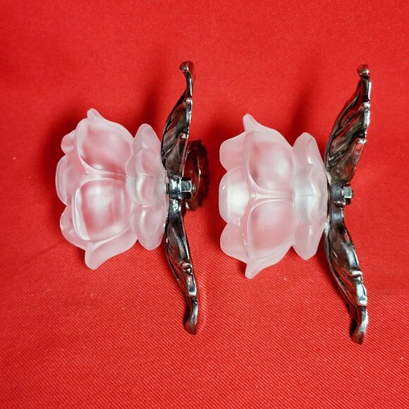 Vintage Pair PM Italy Frosted Glass Rose Silver Plate Leaves Candle Holder - Picture 8 of 13